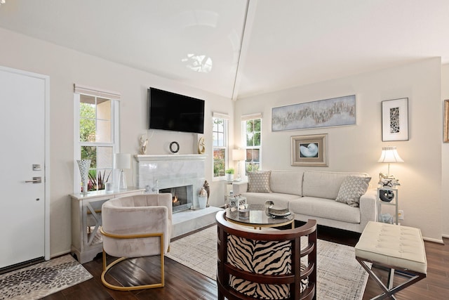living area with a premium fireplace, vaulted ceiling, a wealth of natural light, and dark wood finished floors