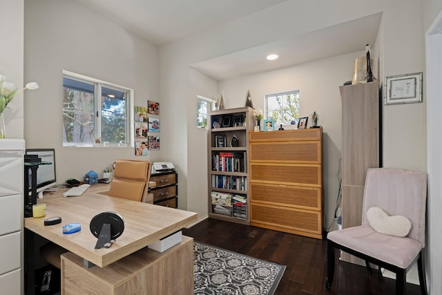 home office with dark wood-style floors and recessed lighting