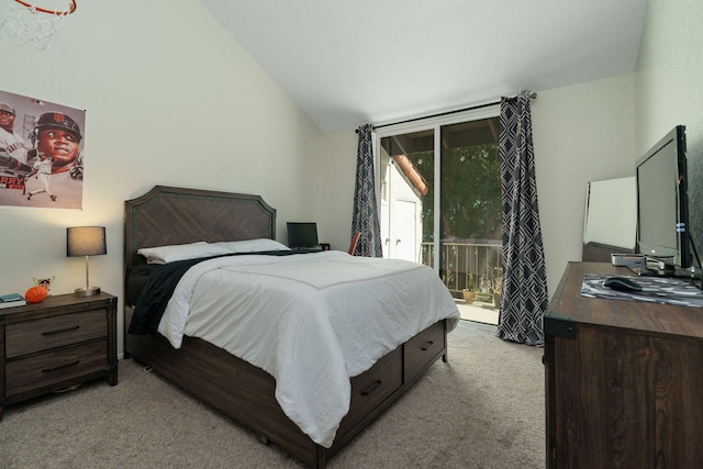 bedroom featuring vaulted ceiling, access to exterior, and light carpet