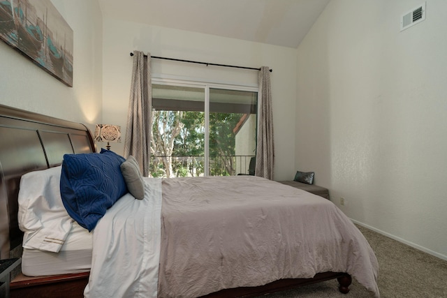 bedroom with carpet flooring, access to exterior, vaulted ceiling, baseboards, and visible vents