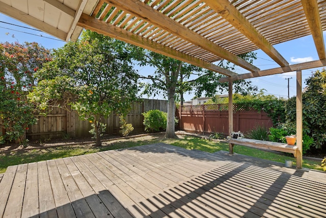 deck with a fenced backyard and a pergola