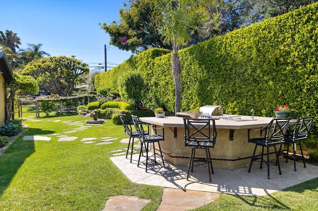 view of yard with fence and outdoor wet bar