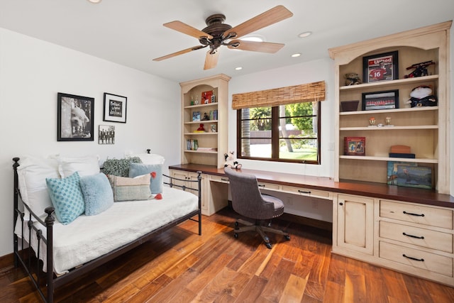 office with recessed lighting, ceiling fan, wood finished floors, and built in study area