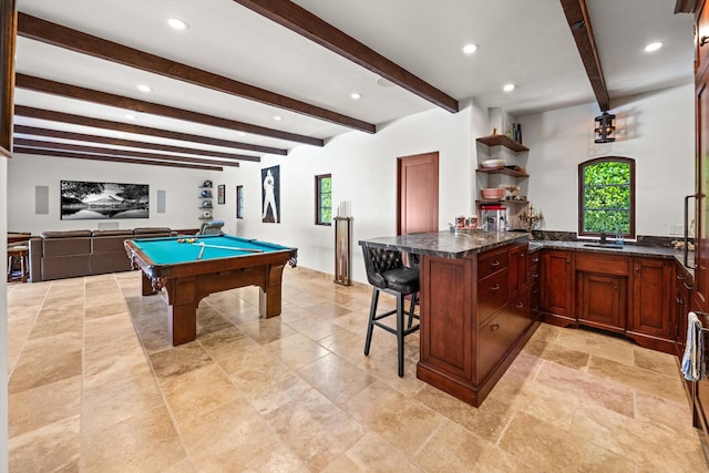 recreation room with recessed lighting, pool table, a sink, and beam ceiling