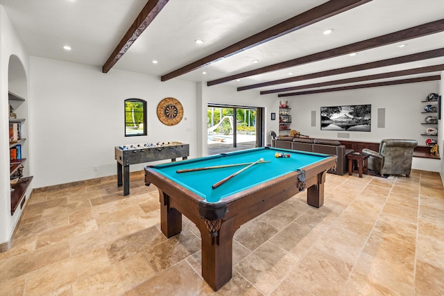 game room with recessed lighting, pool table, stone finish flooring, and beam ceiling
