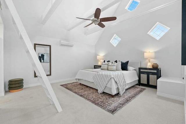 bedroom featuring an AC wall unit, a skylight, ceiling fan, carpet floors, and baseboards