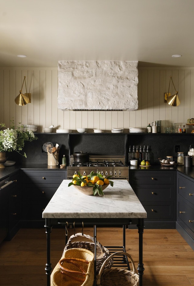 kitchen featuring stainless steel gas stove and wood finished floors