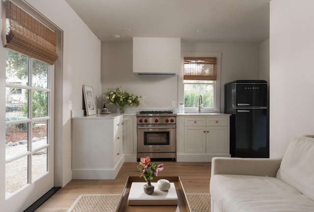 interior space featuring luxury range, a sink, freestanding refrigerator, and a wealth of natural light