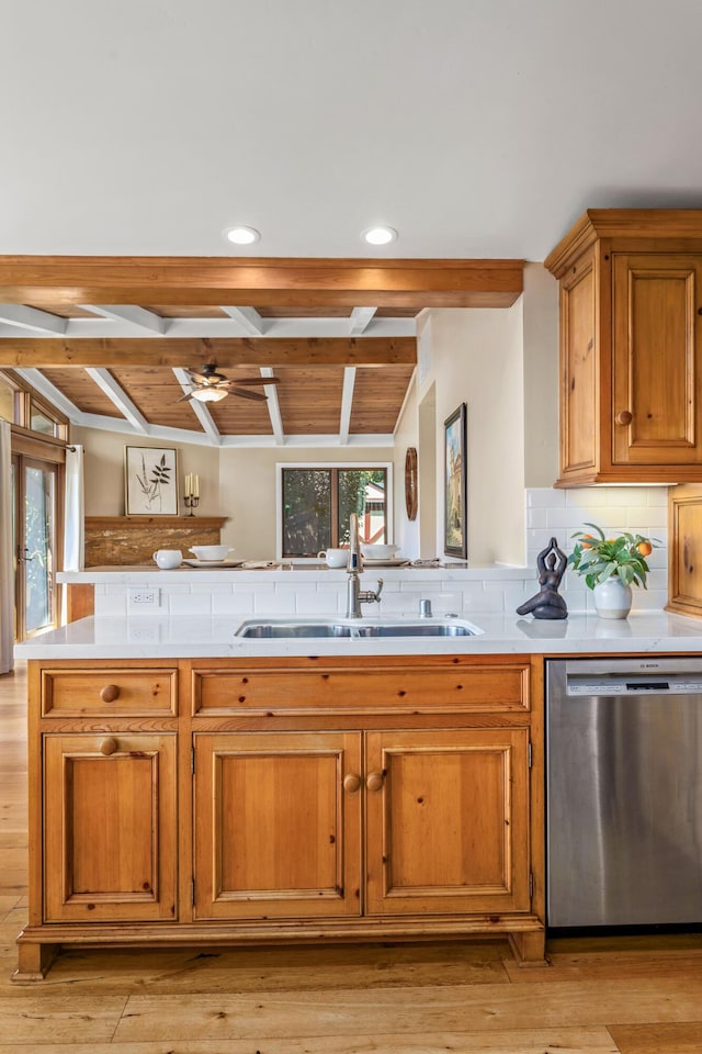 2760 Williams Way, Santa Barbara, CA 93105 - kitchen with decorative backsplash, light wood-style floors, light countertops, a sink, and dishwasher