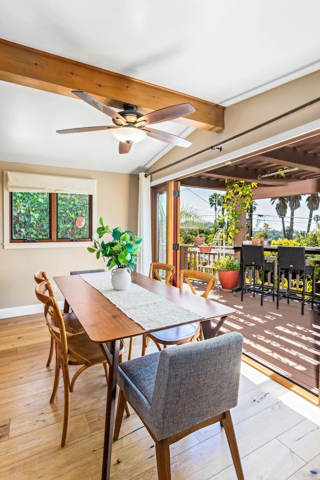 2760 Williams Way, Santa Barbara, CA 93105 - dining space featuring light wood-style floors, baseboards, a ceiling fan, and beam ceiling