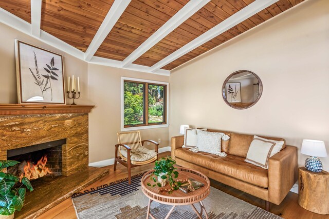 2760 Williams Way, Santa Barbara, CA 93105 - living area with baseboards, lofted ceiling with beams, wood finished floors, and wooden ceiling