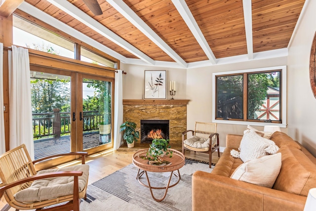 2760 Williams Way, Santa Barbara, CA 93105 - living area with lofted ceiling with beams, french doors, wood finished floors, a high end fireplace, and wood ceiling