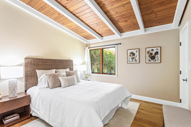 2760 Williams Way, Santa Barbara, CA 93105 - bedroom featuring vaulted ceiling with beams, baseboards, wooden ceiling, and wood finished floors