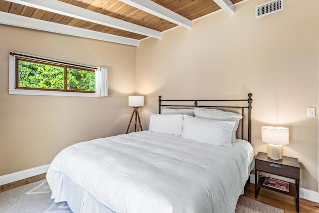 2760 Williams Way, Santa Barbara, CA 93105 - bedroom featuring wood ceiling, visible vents, wood finished floors, beam ceiling, and baseboards