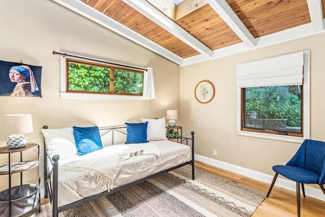 2760 Williams Way, Santa Barbara, CA 93105 - bedroom with wooden ceiling, baseboards, vaulted ceiling with beams, and wood finished floors