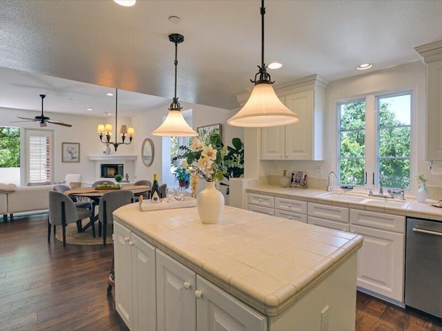 kitchen featuring stainless steel dishwasher, a healthy amount of sunlight, tile counters, and dark wood-style floors