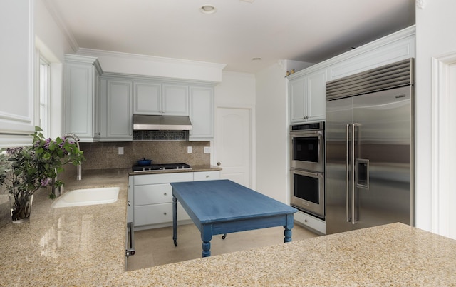 kitchen featuring under cabinet range hood, light stone counters, backsplash, stainless steel appliances, and a sink