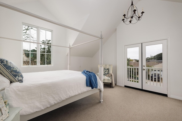 bedroom with vaulted ceiling, baseboards, access to outside, and carpet floors