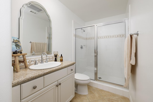 bathroom featuring toilet, visible vents, tile patterned flooring, a shower stall, and vanity