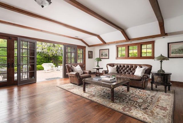 living room featuring hardwood / wood-style flooring, french doors, and vaulted ceiling with beams