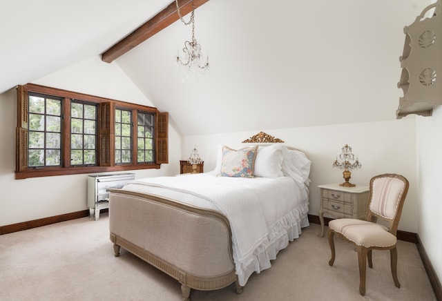 bedroom featuring lofted ceiling with beams, light carpet, baseboards, and an inviting chandelier