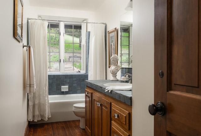 full bathroom with toilet, vanity, wood finished floors, and plenty of natural light