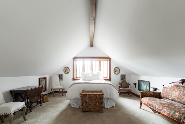 carpeted bedroom with lofted ceiling with beams