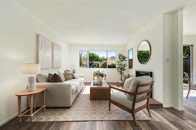 living room featuring baseboards, a healthy amount of sunlight, and wood finished floors