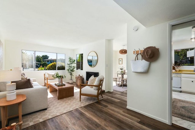 living room featuring baseboards, a fireplace, and dark wood finished floors