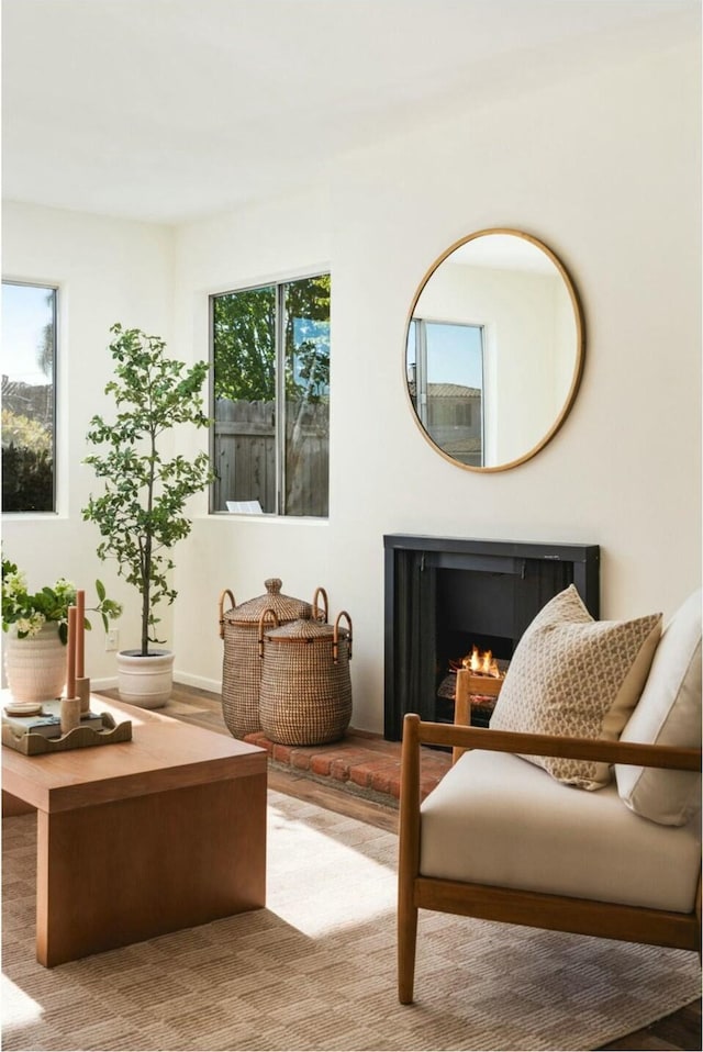 living area with wood finished floors and a lit fireplace