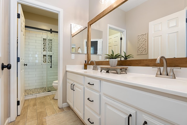 bathroom with toilet, a stall shower, double vanity, and a sink