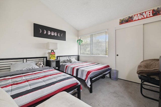 bedroom featuring lofted ceiling, a textured ceiling, carpet, and a closet