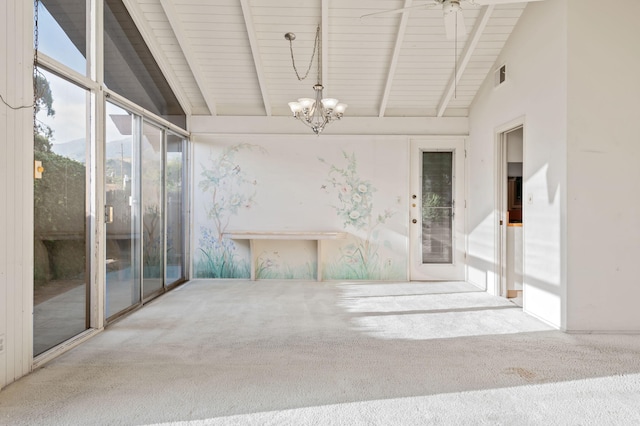 unfurnished sunroom featuring beam ceiling, visible vents, and a chandelier