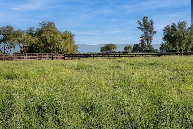 view of yard featuring a mountain view, a rural view, and fence