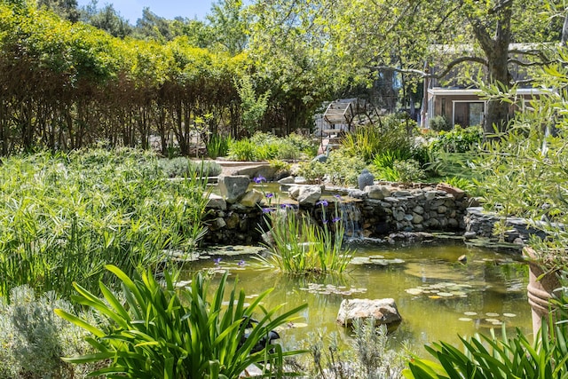 view of yard with a garden pond