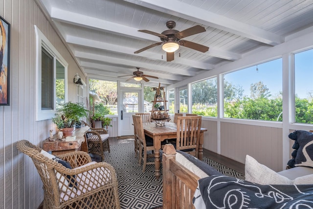 sunroom / solarium with a ceiling fan, beam ceiling, and plenty of natural light