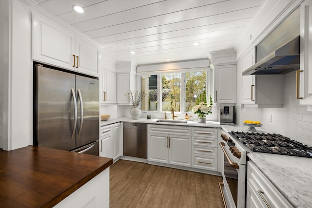 kitchen with backsplash, a sink, dark wood-style flooring, and stainless steel appliances