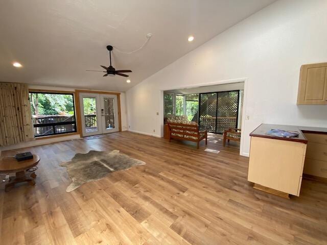 1040 Mission Canyon Rd, Santa Barbara, CA 93105 - unfurnished living room featuring a ceiling fan, high vaulted ceiling, light wood-type flooring, recessed lighting, and baseboards