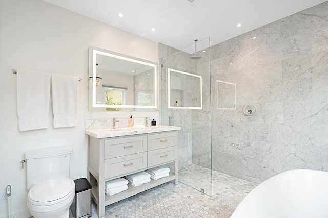 bathroom featuring walk in shower, double vanity, toilet, recessed lighting, and a soaking tub