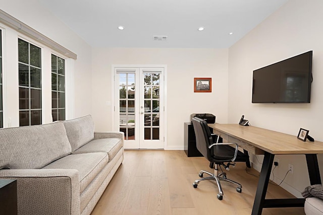 home office with french doors, recessed lighting, baseboards, wood finished floors, and visible vents