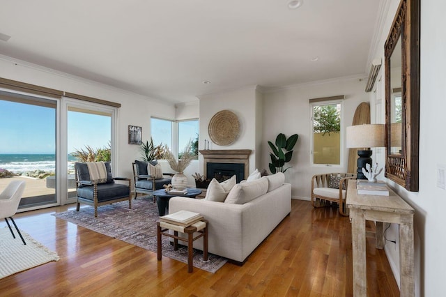 living room with crown molding, light wood finished floors, baseboards, and a fireplace