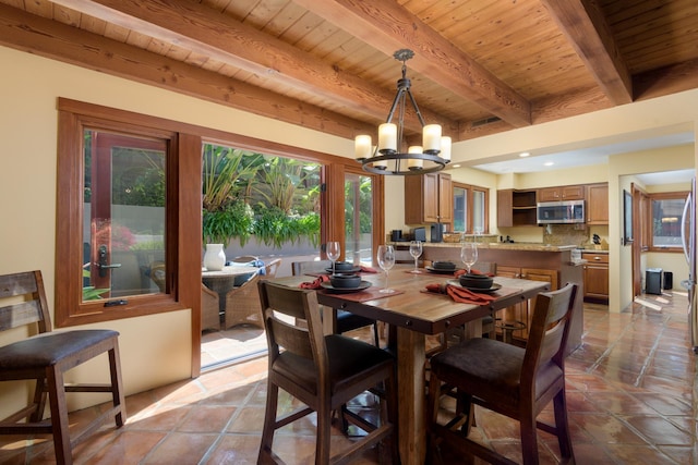 dining space with recessed lighting, beamed ceiling, a chandelier, and wood ceiling
