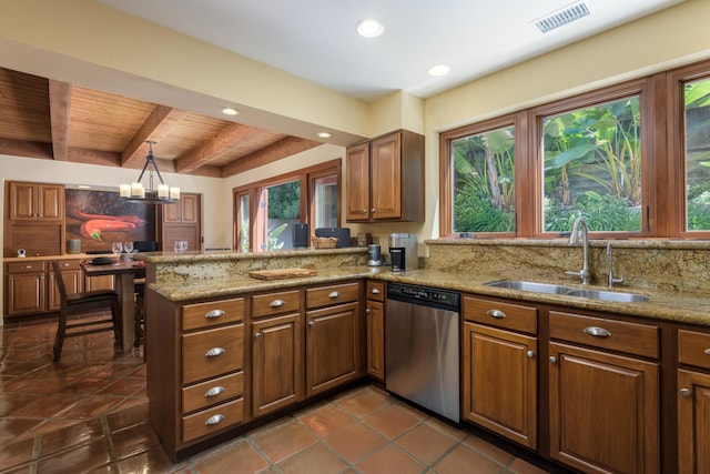 kitchen with plenty of natural light, a sink, dishwasher, and brown cabinets