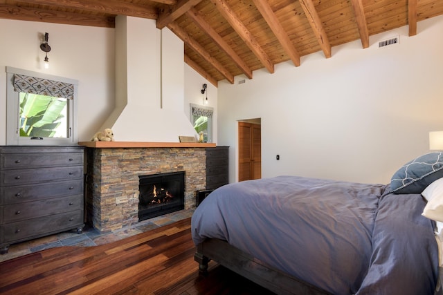 bedroom featuring wood ceiling, hardwood / wood-style flooring, high vaulted ceiling, and visible vents