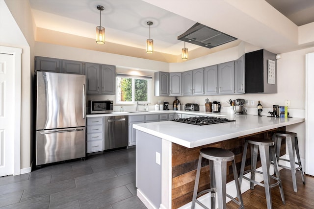 kitchen with a peninsula, a sink, appliances with stainless steel finishes, and gray cabinets