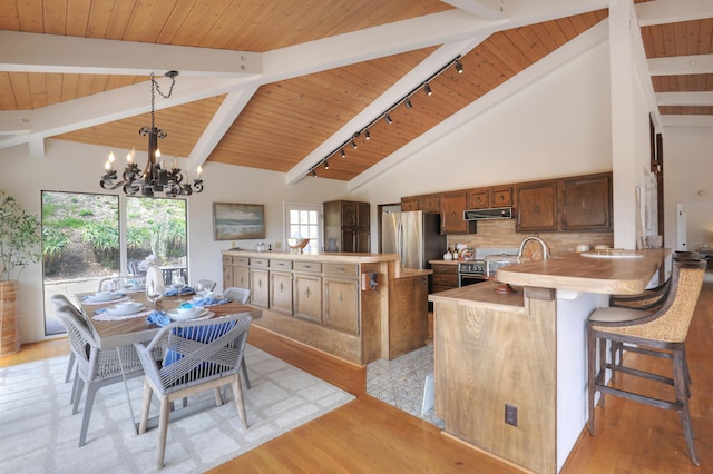 35 Hollister Ranch Rd, Goleta, CA 93117 - dining area with wooden ceiling with exposed beams, a chandelier, light wood-style floors, and high vaulted ceiling
