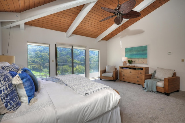35 Hollister Ranch Rd, Goleta, CA 93117 - carpeted bedroom with access to outside, wooden ceiling, and ceiling fan