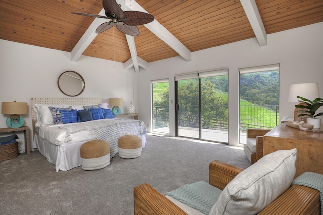 35 Hollister Ranch Rd, Goleta, CA 93117 - bedroom with carpet, access to exterior, wooden ceiling, and a ceiling fan