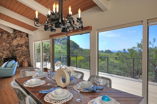 35 Hollister Ranch Rd, Goleta, CA 93117 - dining room featuring a chandelier, wood ceiling, wood finished floors, and a fireplace