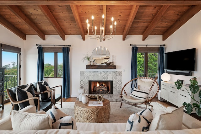 living room featuring wood ceiling, beamed ceiling, a notable chandelier, and wood finished floors